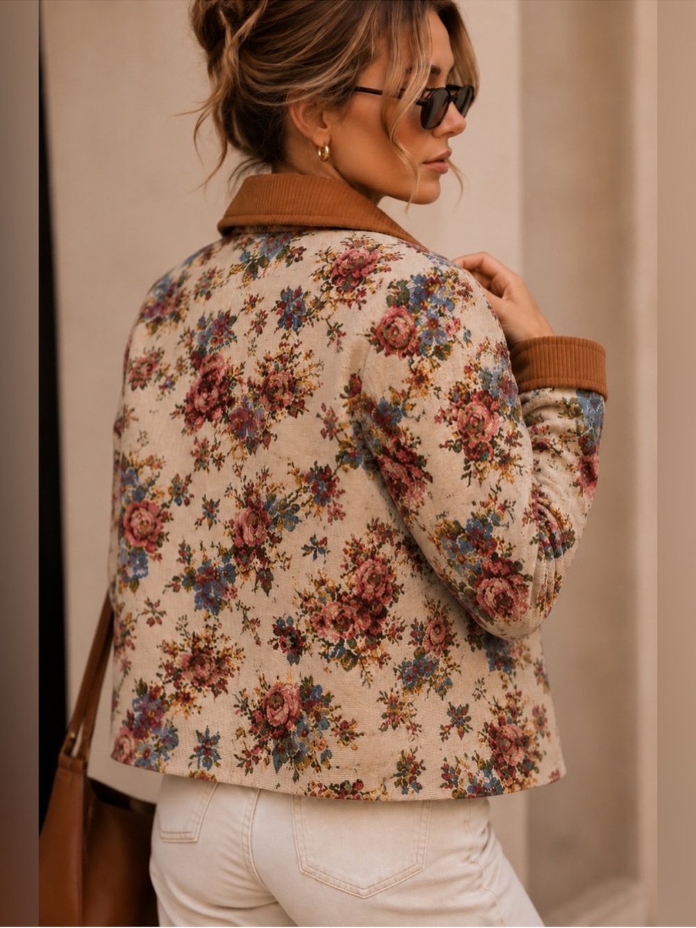 Avec Les Filles Beige Floral Utility Jacket with Rust Corduroy Trim S - Picture 4 of 10